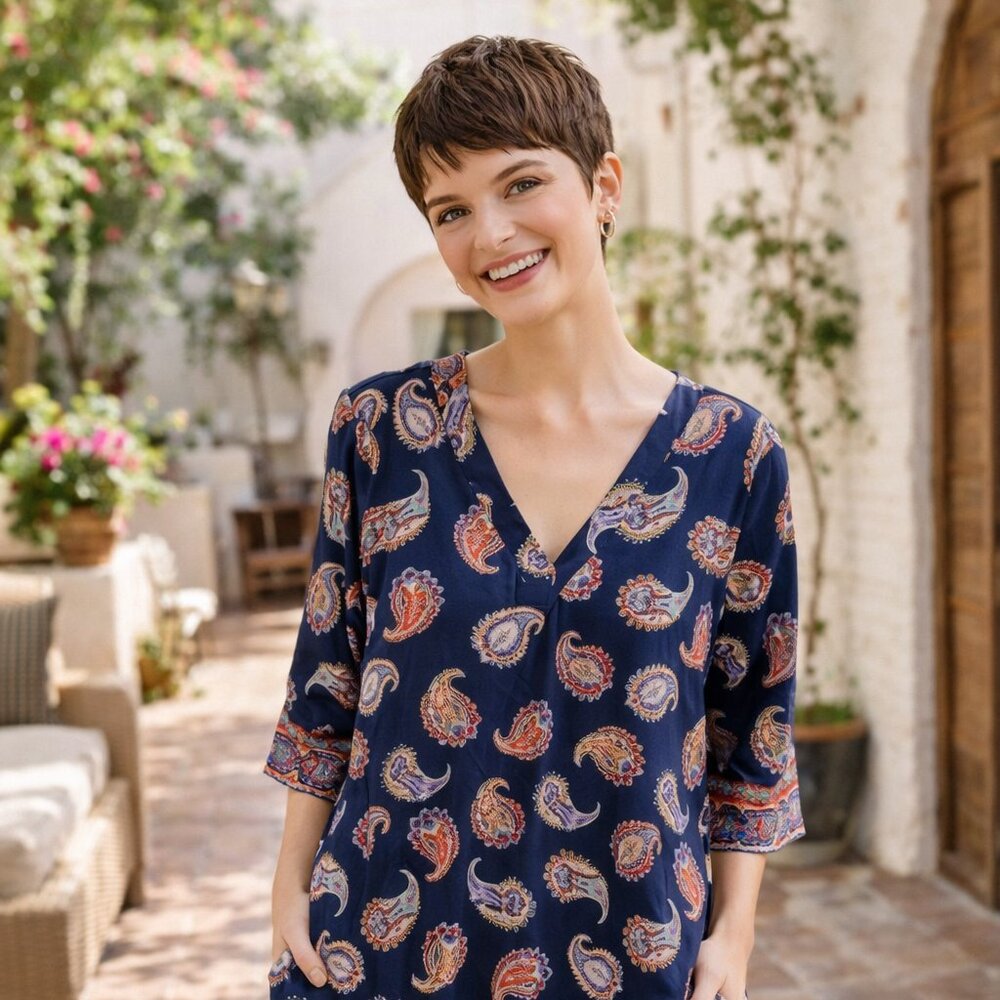 Golbary ✨ Navy Paisley Boho Shift Dress | Lightweight | Pixie-Chic Easy Fit